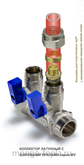 Коллектор распределительный 3 отвода TIM MV03N-3F (3/4" х 1/2") под плоскую прокладку, с кранами шаровыми - №1